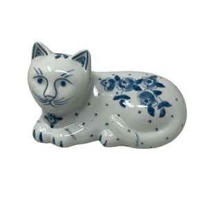 Vintage Porcelain Cat Figurine White & Blue Rose Floral Polka Dots Design MCM